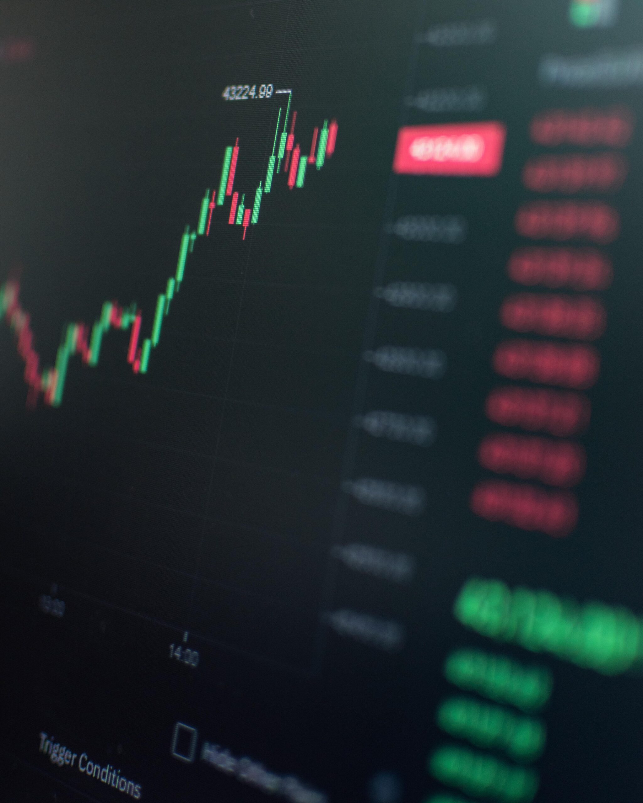 Close-up of a fluctuating cryptocurrency market chart showing stock prices on a digital screen.
